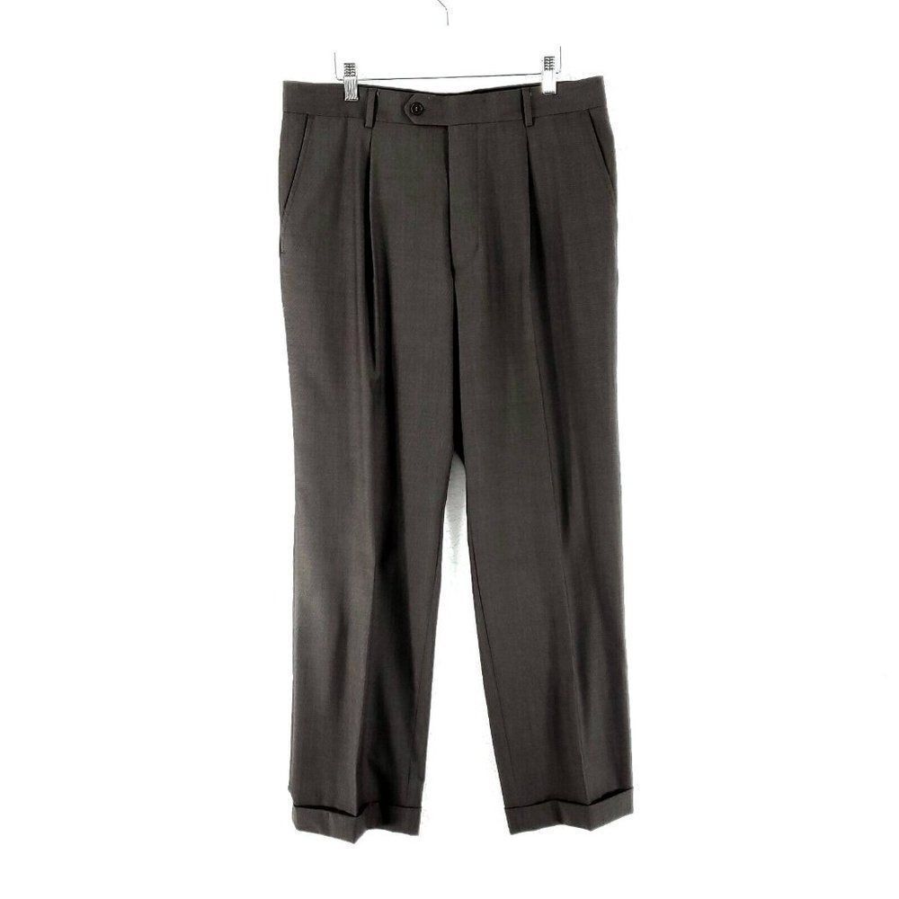 Hugo Boss Dr Hook Virgin Wool Brown Pleated Cuffed Mid Rise‎ Dress Pants 35/30